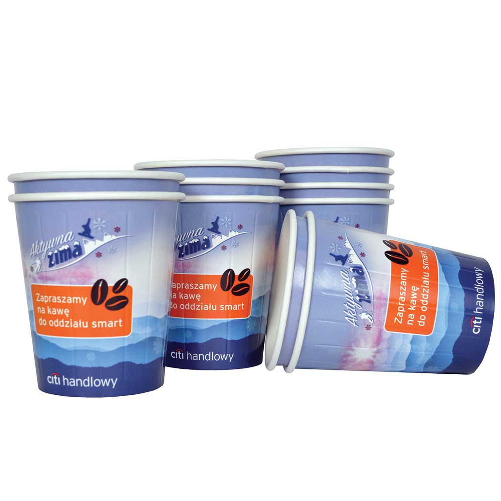 Gobelet en carton personnalisée, Custom printed paper cups, Kubki papierowe z nadrukiem indywidualnym, Pappbecher mit individuell bedruckt, Pappersmuggar med eden tryck.